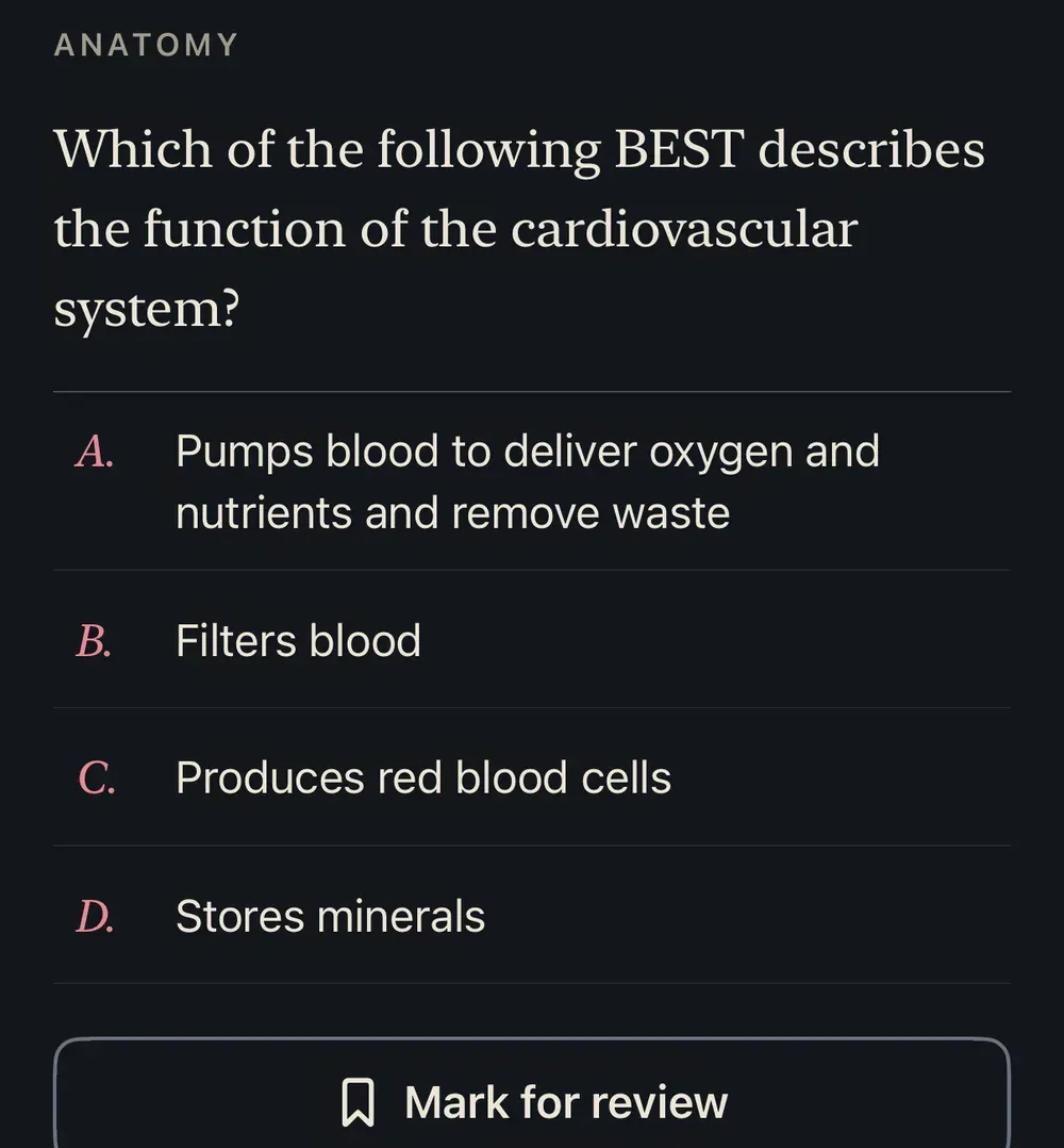 Mock examination question with four lettered choices and a mark for review button