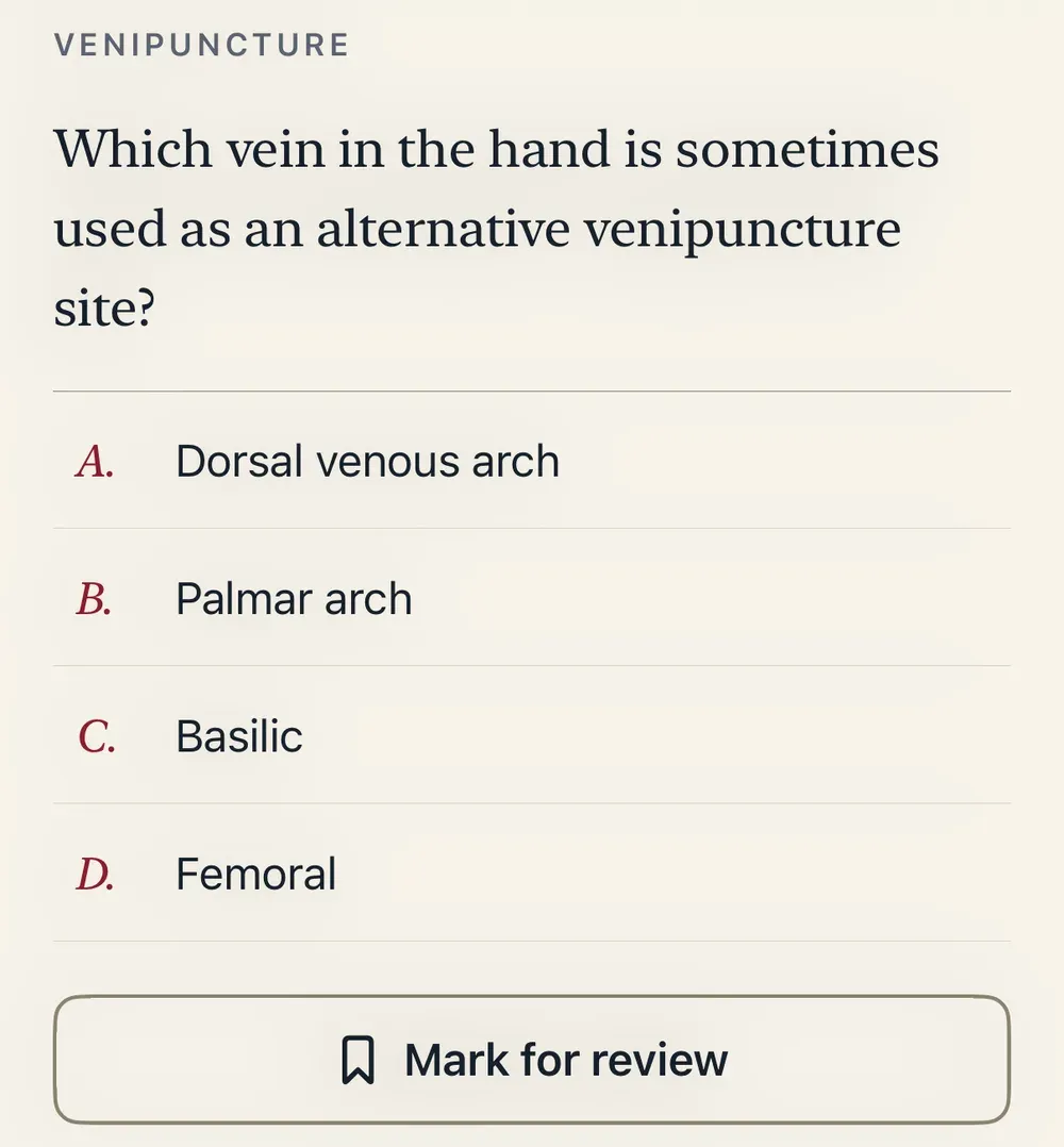 Mock examination question with four lettered choices and a mark for review button