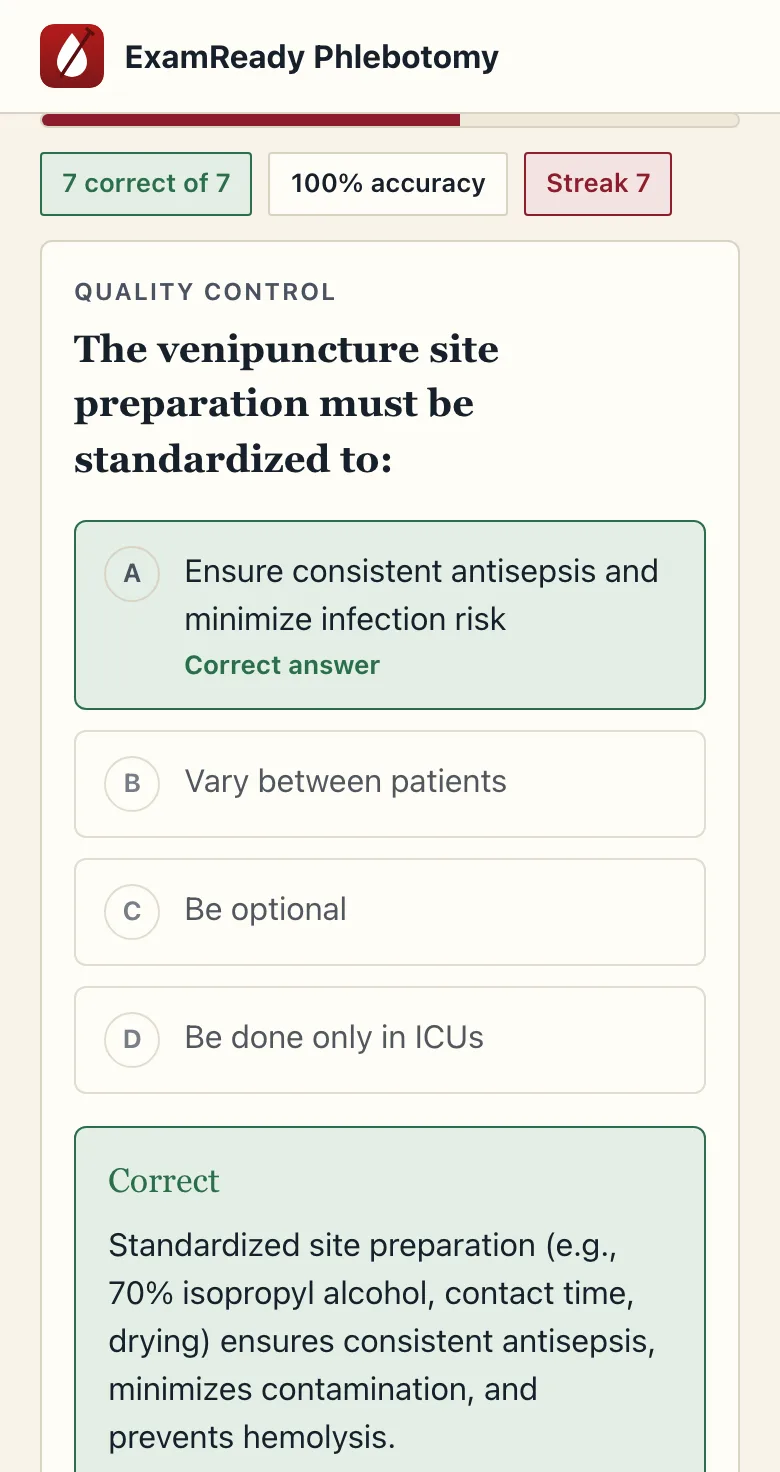 Phlebotomy practice feedback on a phone: the correct choice highlighted with the explanation below it