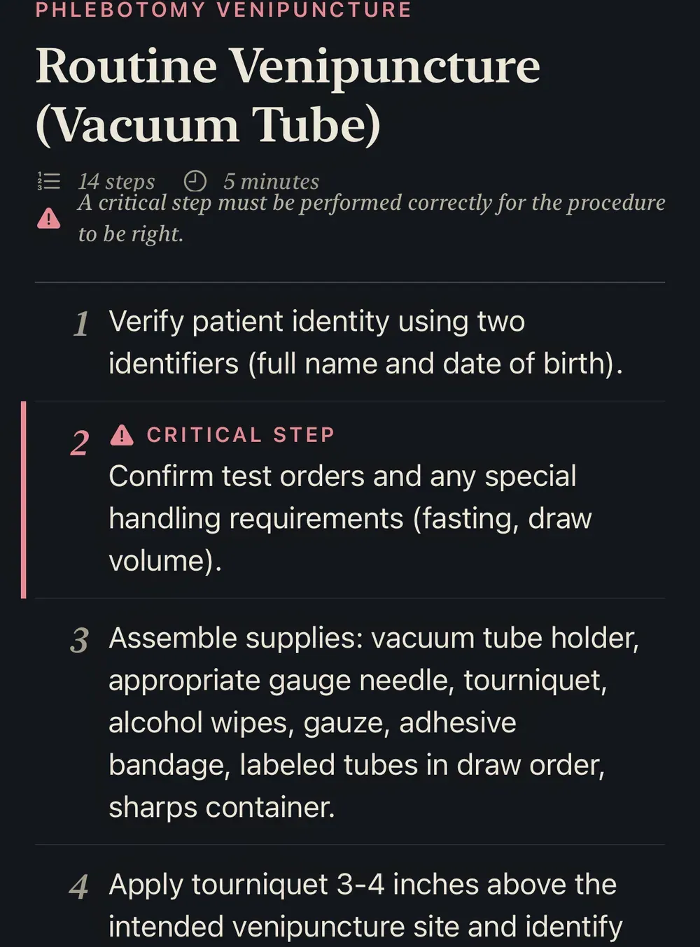 Routine Venipuncture procedure with numbered steps and a critical step flagged