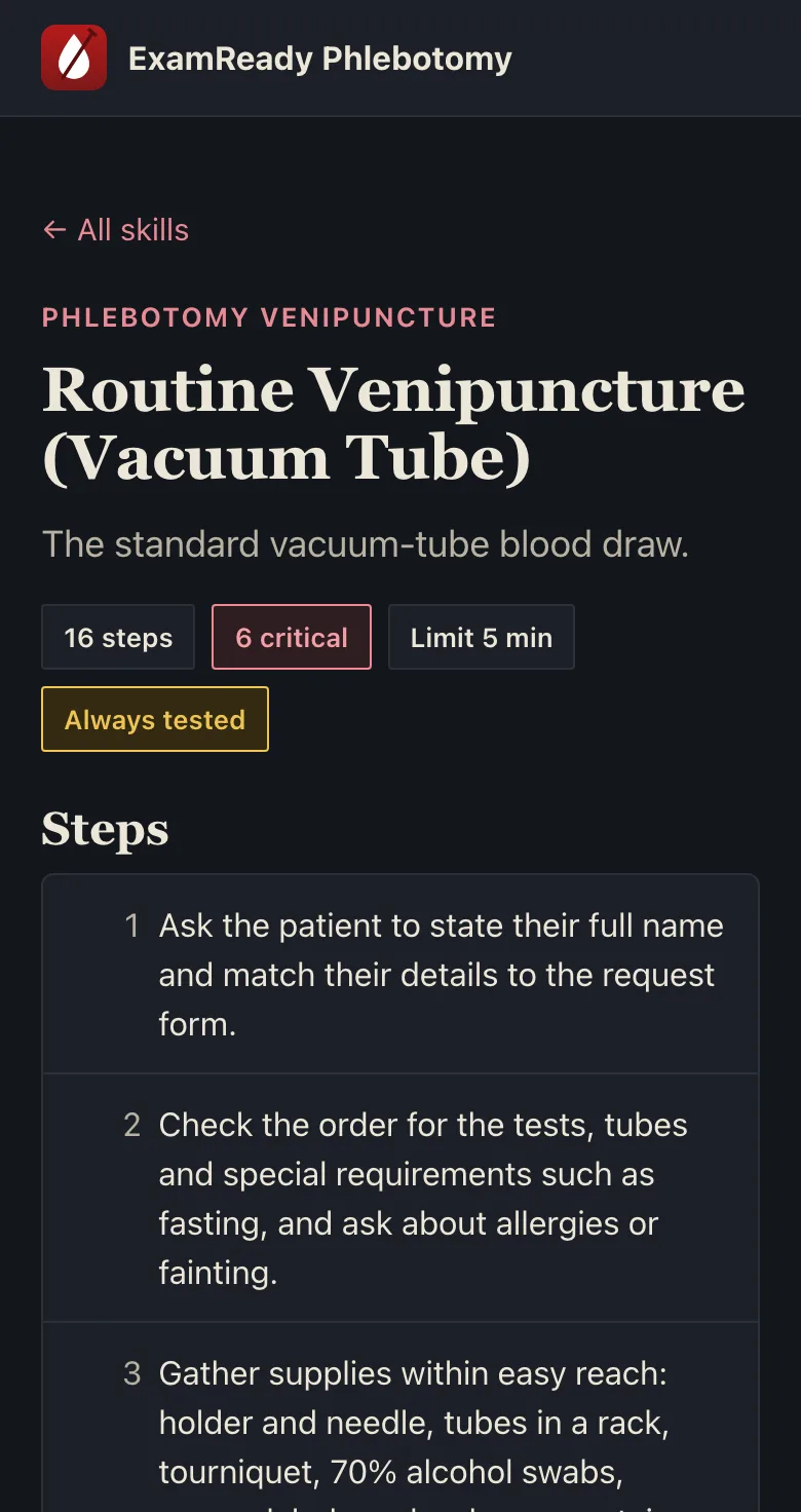 Phlebotomy skill page for Routine Venipuncture on a phone with numbered steps and critical steps flagged