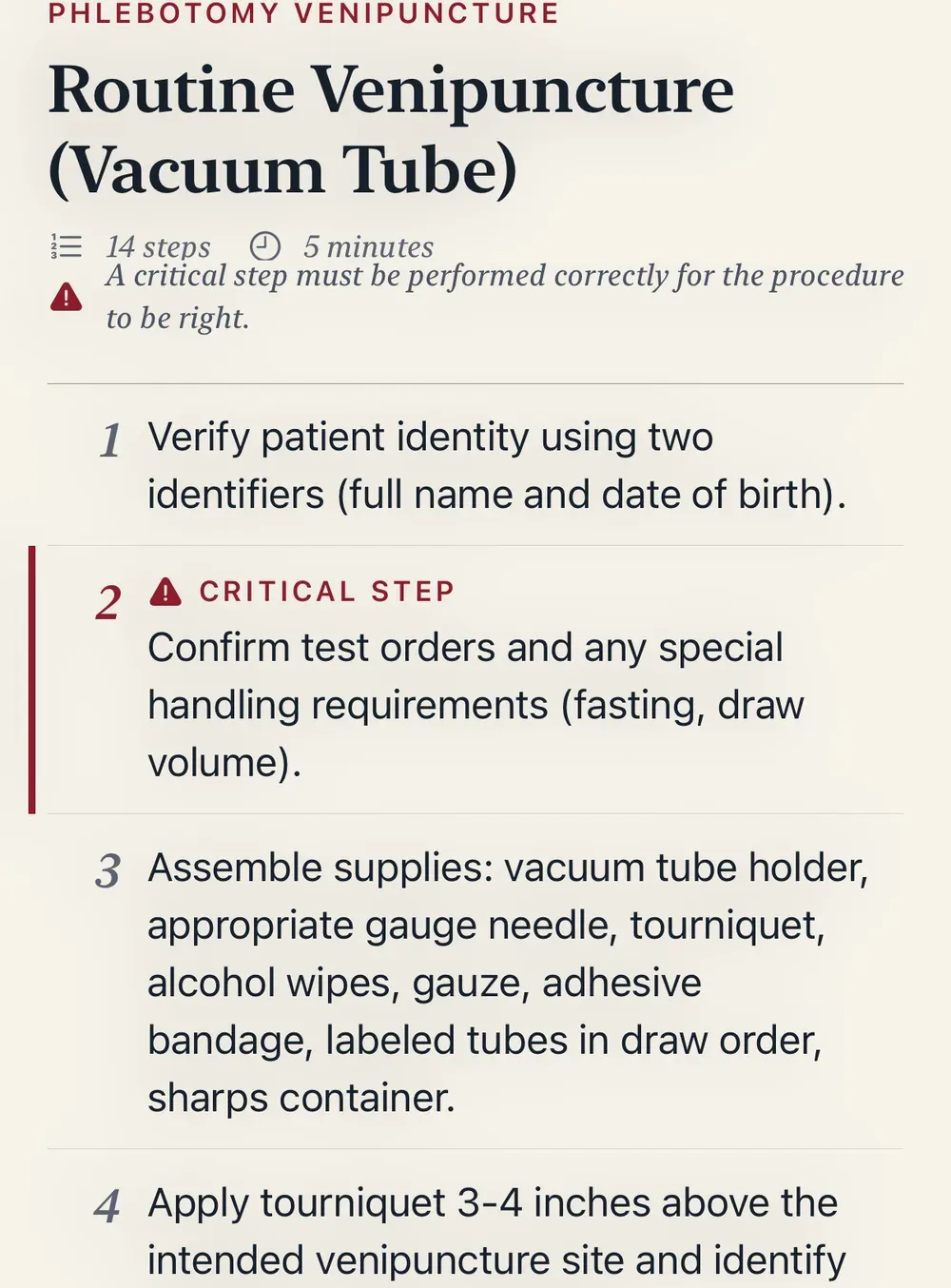 Routine Venipuncture procedure with numbered steps and a critical step flagged